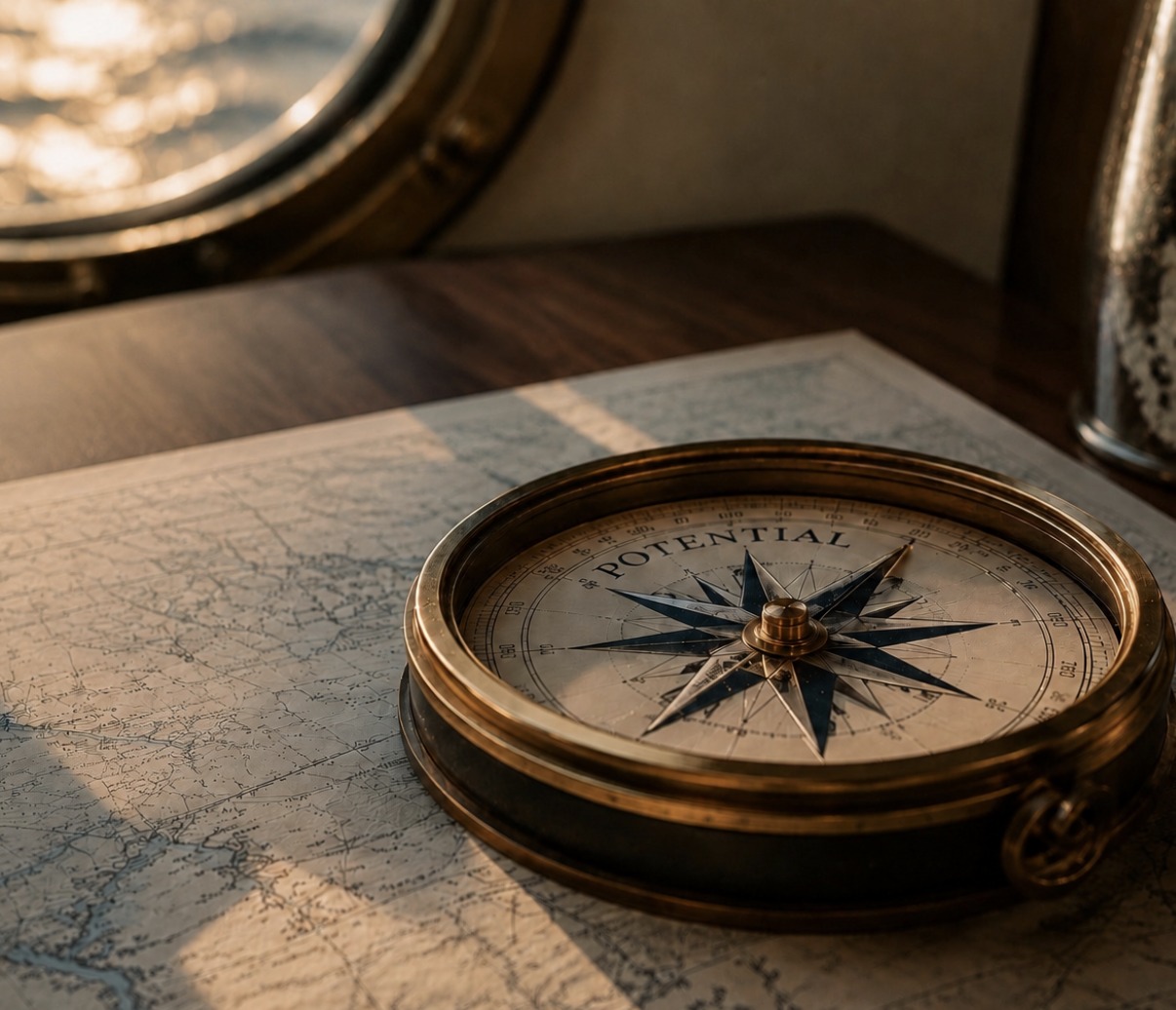 A brass compass reading "Potential" on a chart table, with a porthole and ship's lamp in the background