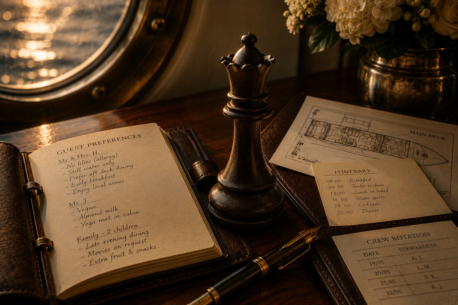 A chess queen beside a Chief Stewardess's guest preference notes, deck plan, and crew rotation schedule