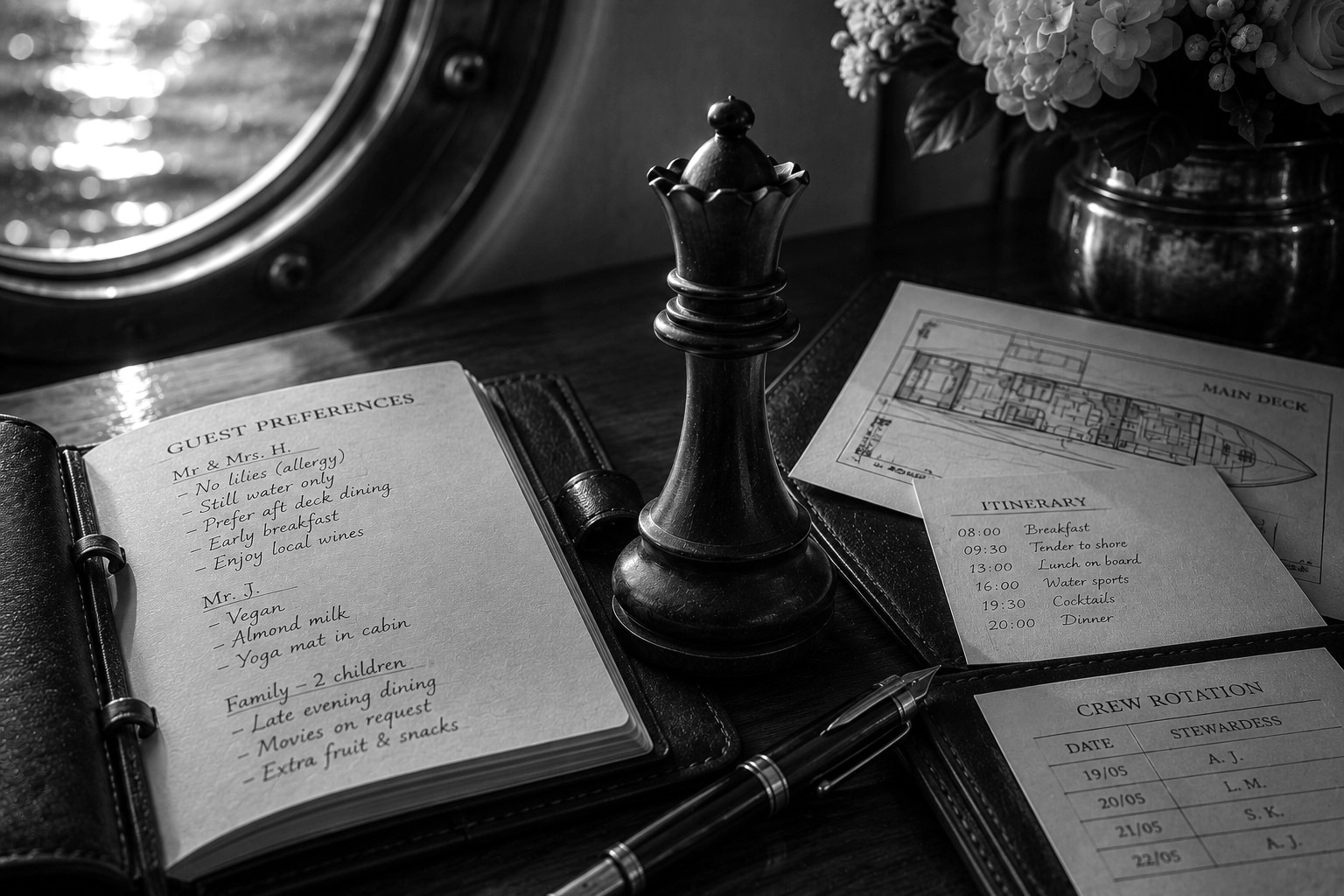 A chess queen beside a Chief Stewardess's guest preference notes, deck plan, and crew rotation schedule