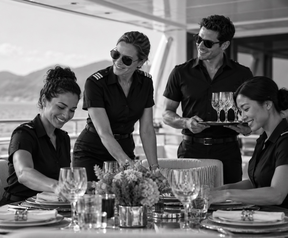 A Captain and her interior and deck crew working together to set a formal table on deck