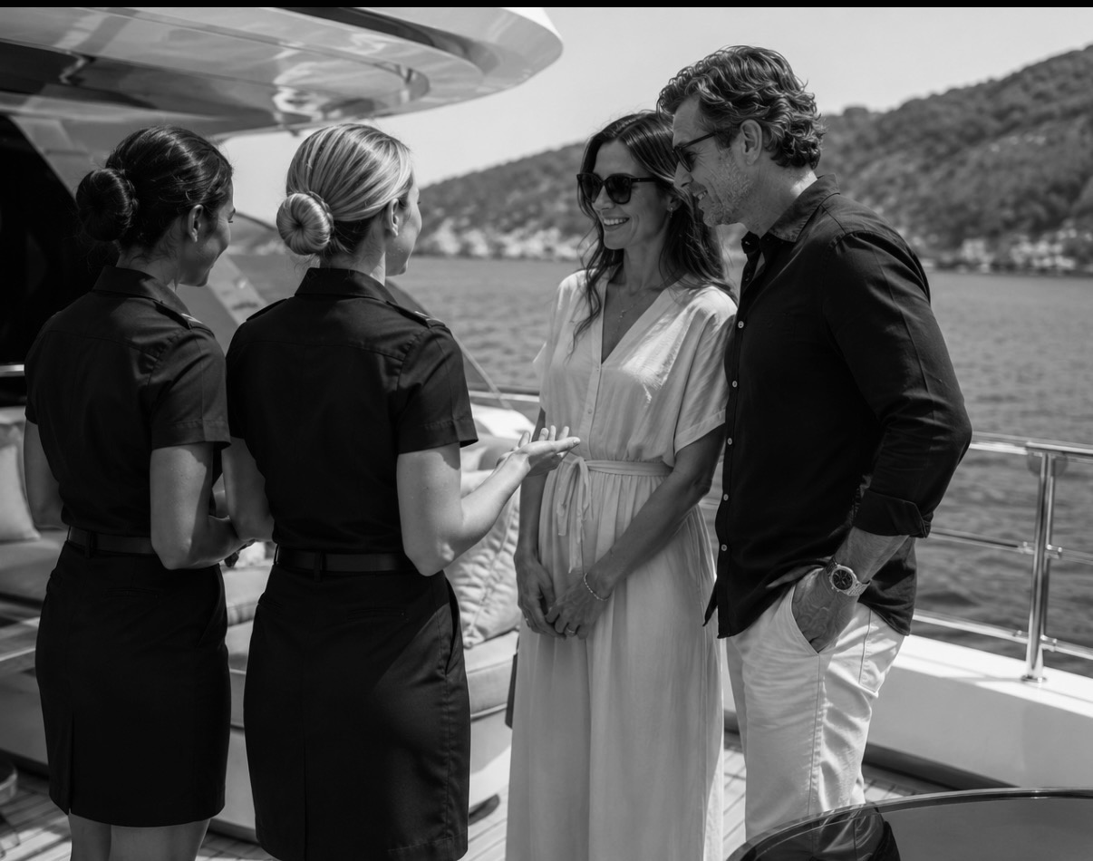Two stewardesses greeting guests on the aft deck