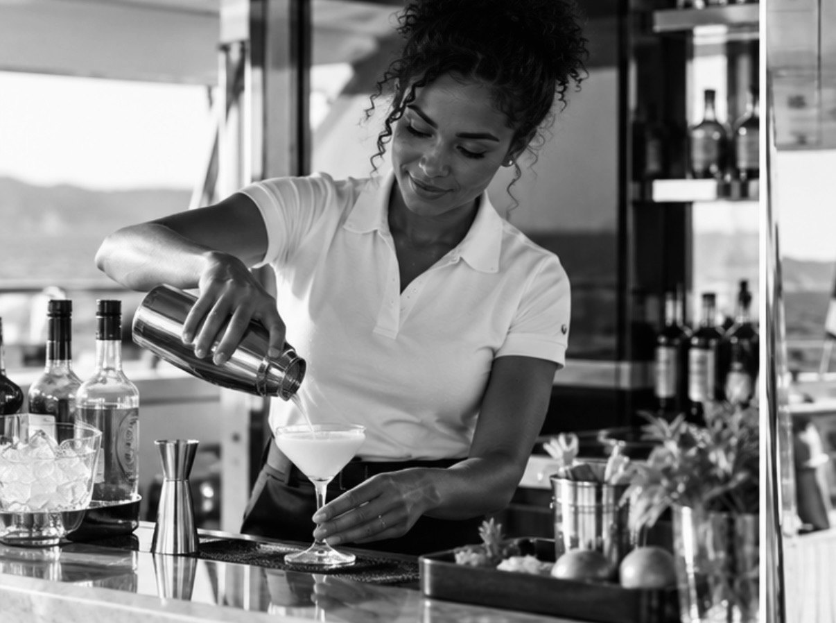 A sole stewardess pouring a cocktail from a shaker at a yacht's bar, with the sea behind her