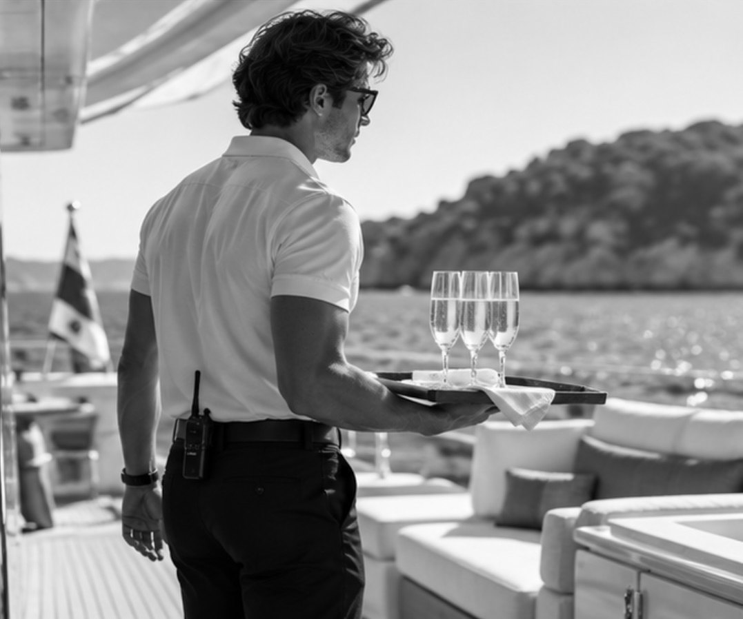 A sole steward carrying a tray of champagne flutes across the aft deck of a yacht