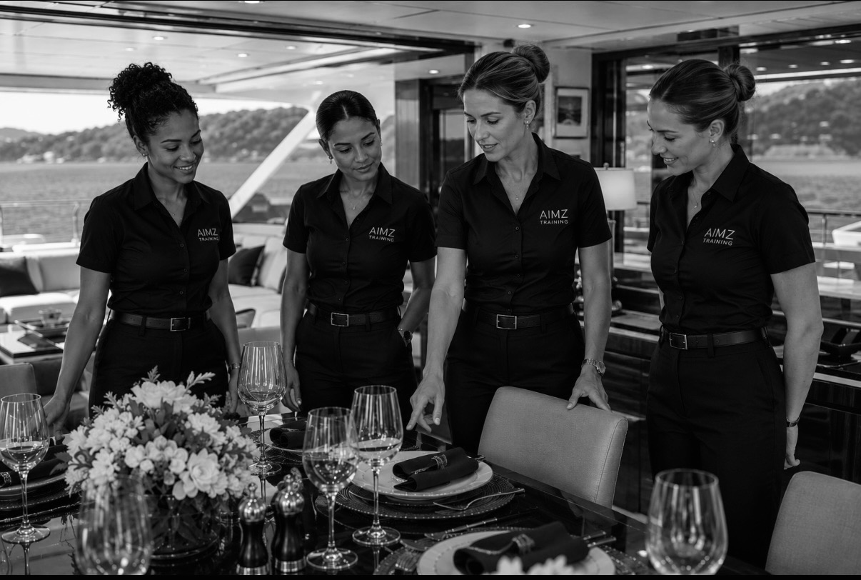 An interior team in AiMZ polos setting a formal dining table together onboard a superyacht