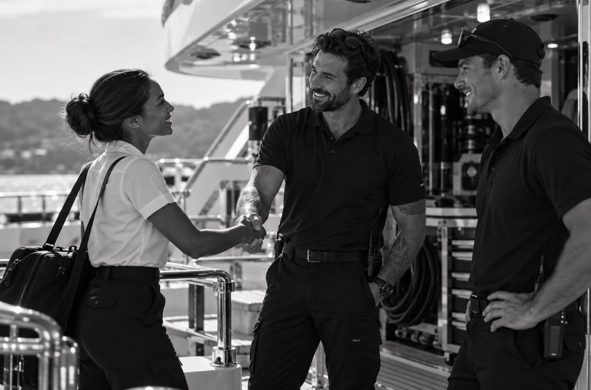 A new stewardess arriving onboard a superyacht, shaking hands with a smiling crew member as a colleague looks on