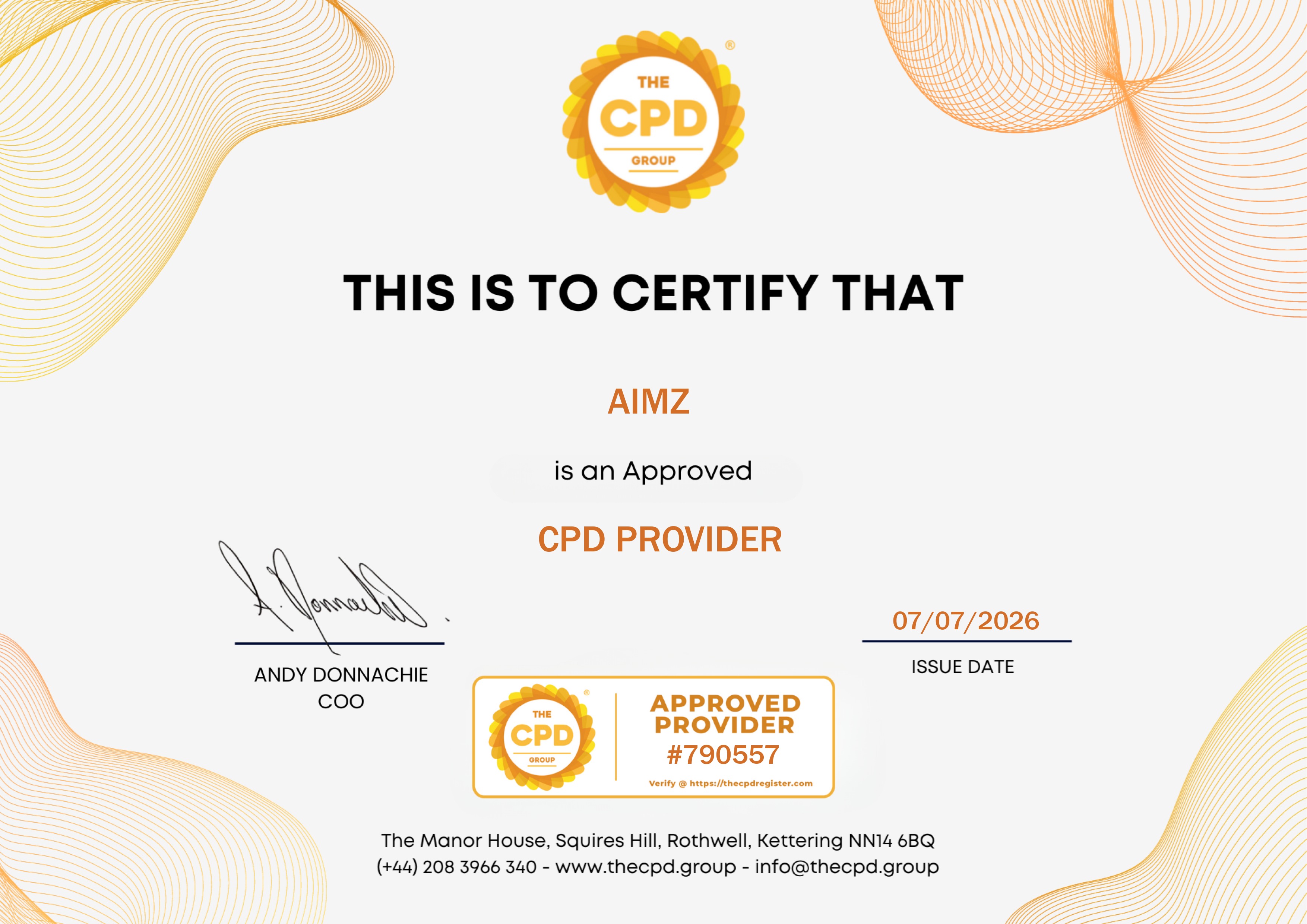 The CPD Group certificate confirming AiMZ as an Approved CPD Provider, No. 790557