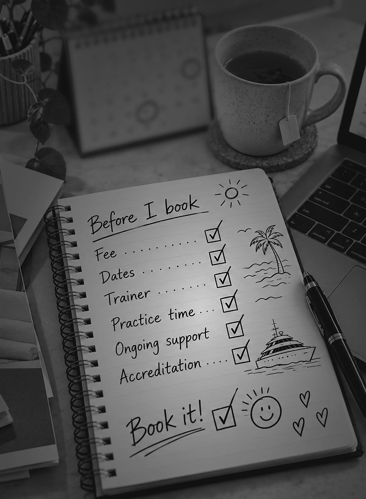 A notebook on a lamplit desk at night with a handwritten Before I book checklist, ticks beside each item and little doodles, next to a cup of tea, a laptop and a desk calendar