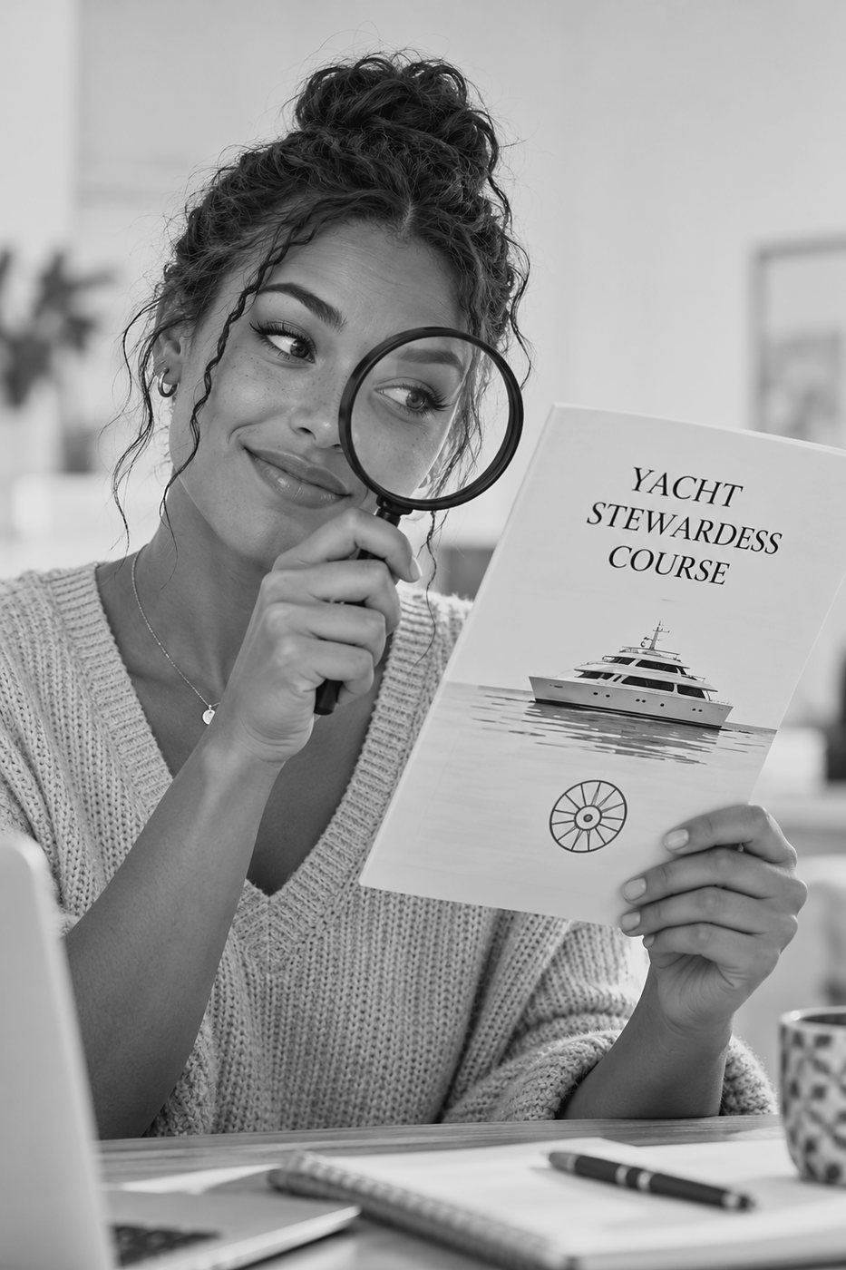 A young woman peering through a magnifying glass at a yacht stewardess course brochure