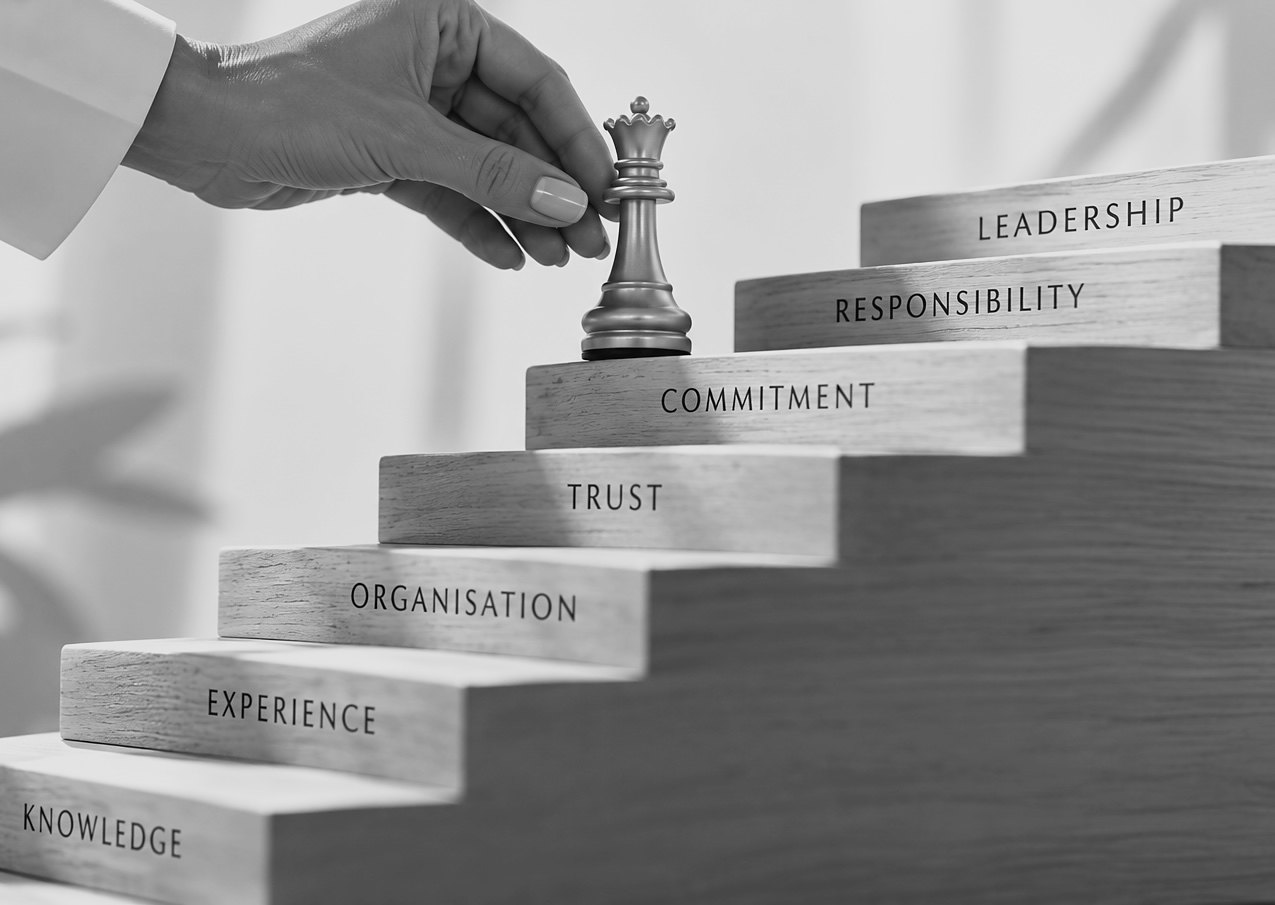 A hand in a crisp white uniform cuff placing a chess queen on wooden steps labelled Knowledge, Experience, Organisation, Trust, Commitment, Responsibility and Leadership