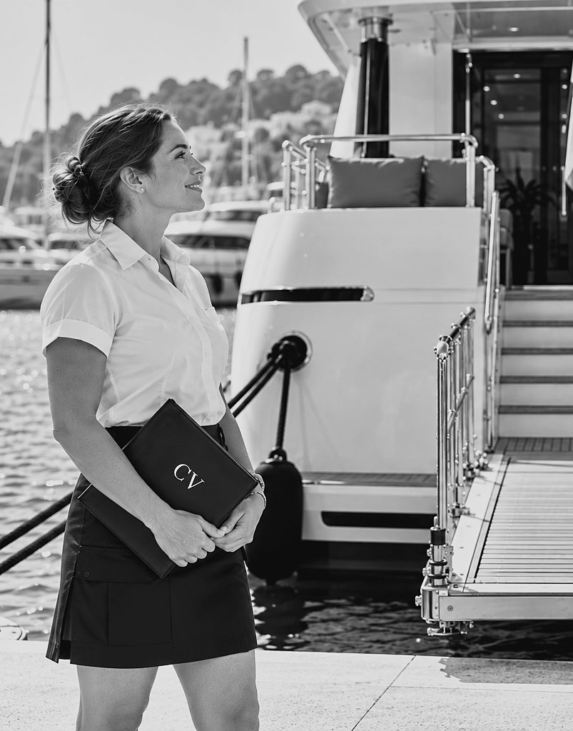 A smiling stewardess beside a yacht's passerelle holding a CV folder