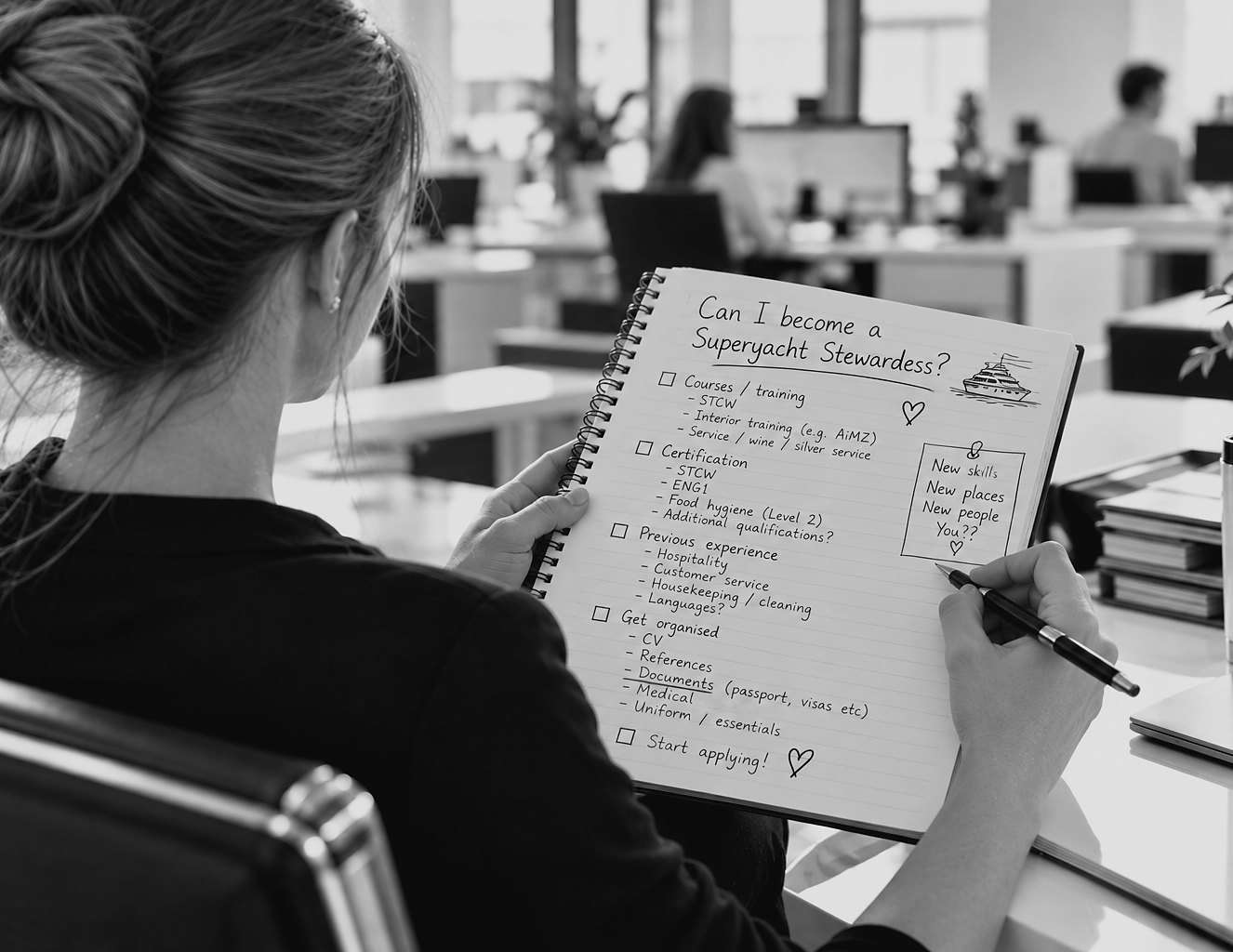 Over the shoulder of a woman at an office desk, pen in hand, holding a notepad titled Can I become a Superyacht Stewardess? with a checklist of courses, certificates, experience and next steps