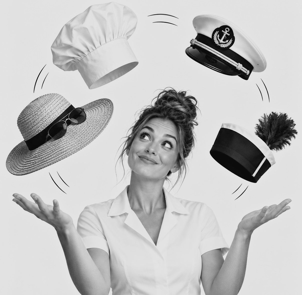 A stewardess juggling a chef's hat, a captain's cap, a sun hat and a stewardess cap