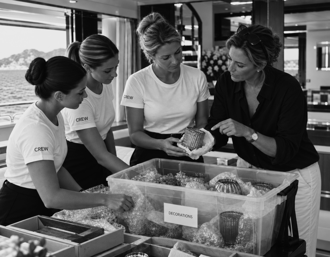 A Chief Stewardess working alongside their interior team on decoration and detail preparation